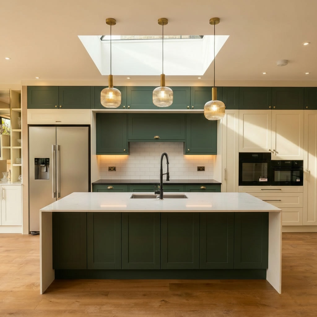 Bespoke fitted kitchen with dark green cabinets and marble island by Sunny Interiors