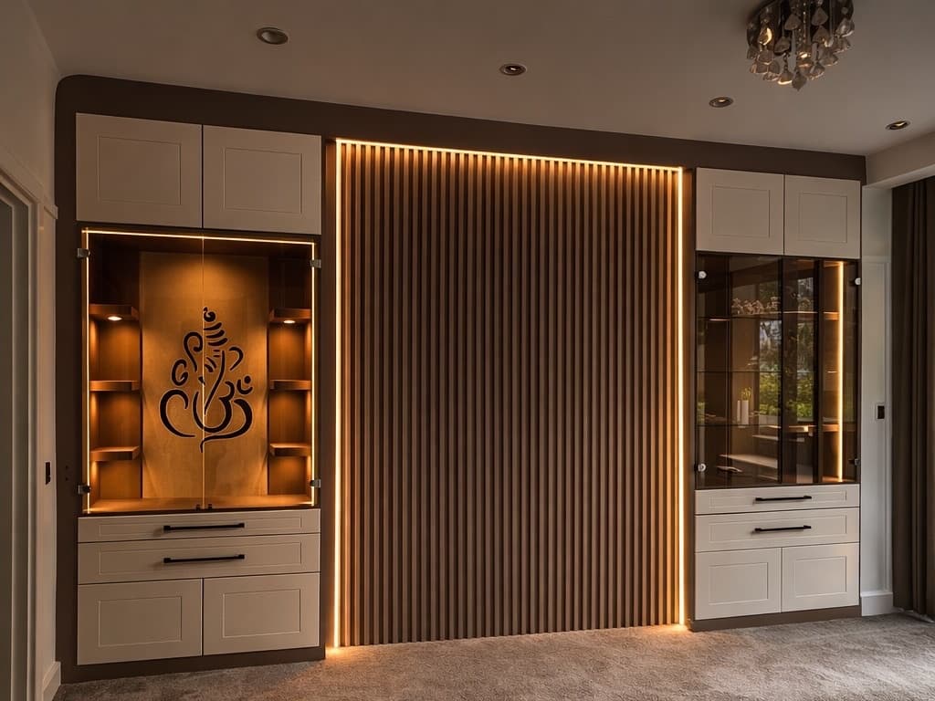 Bespoke mandir with slatted panel wall by Sunny Interiors