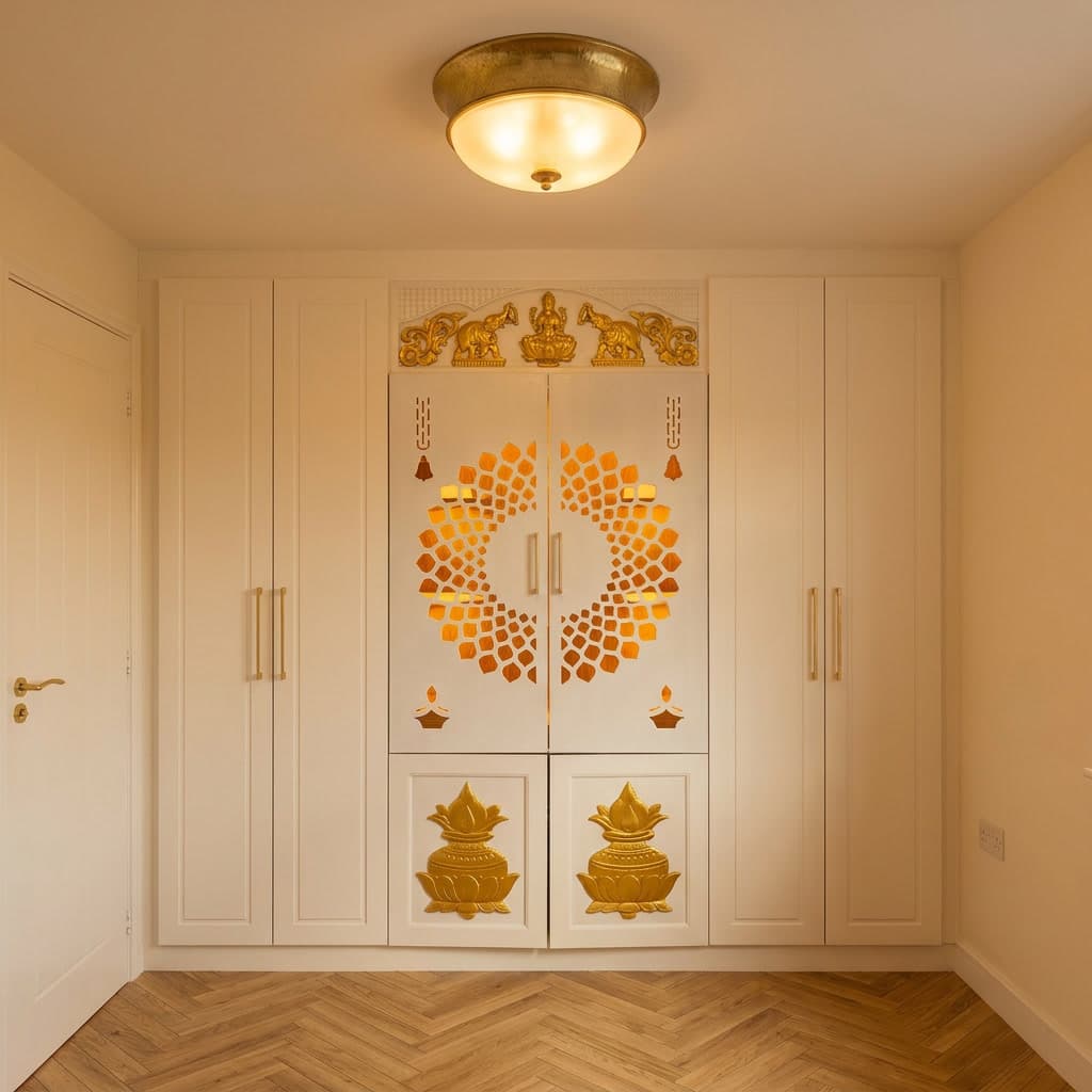 White intricate mandir with ornate closed doors by Sunny Interiors